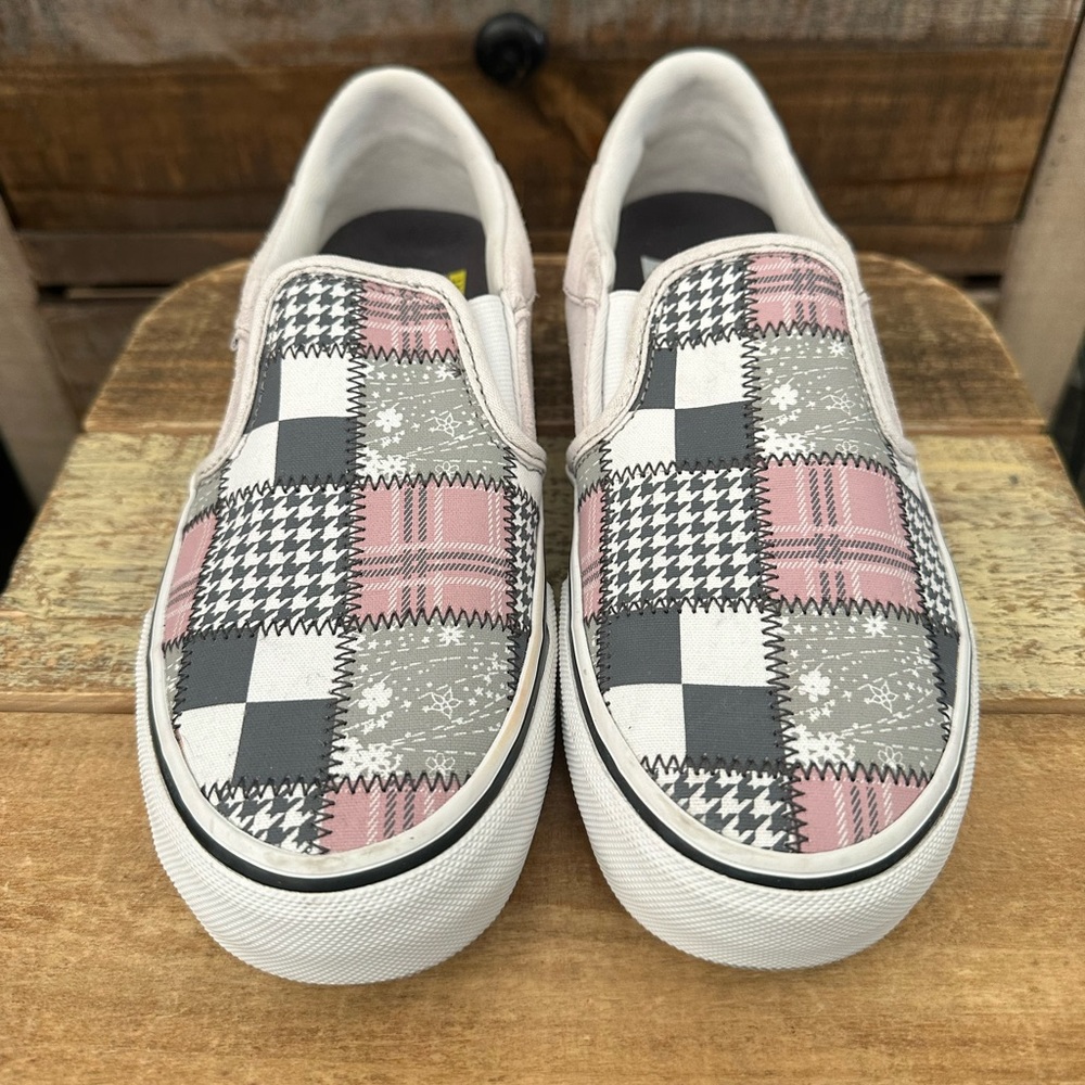 Vans, Women’s Size 7, Patchwork Pink & Grey Slip Ons
